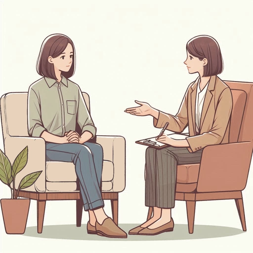 Une femme psychologue entrain de discuter avec une patiente assise sur des fauteuils à côté d'une plante verte