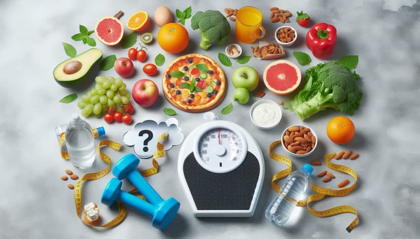 Image pouvant illustrer un problème de lutte contre la nourriture (aliments, balance, mètre, altères...)