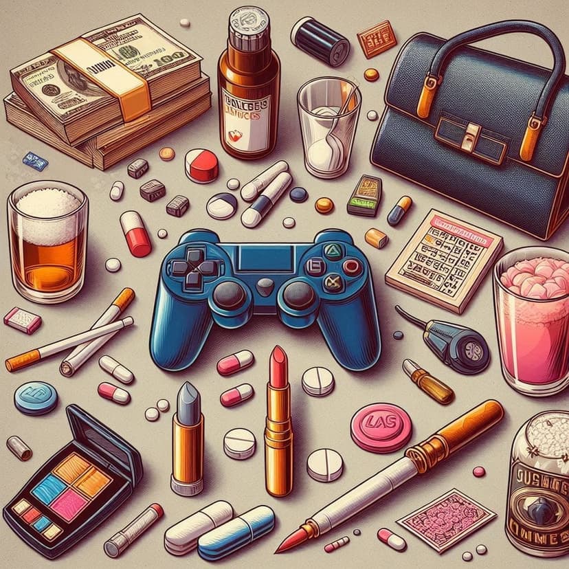 Image illustrant les troubles addictifs : pillules, cigarettes, drogue, bouteille d'alcool, manette de jeu vidéo, achats de rouge à lèvres ou sac à main de marque, tickets à gratter