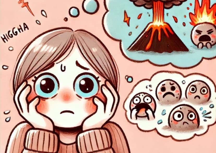 Personne très anxieuse, qui s'imagine des scénarios catastrophes (une personne qui s'énerve, un volcan en flamme...)