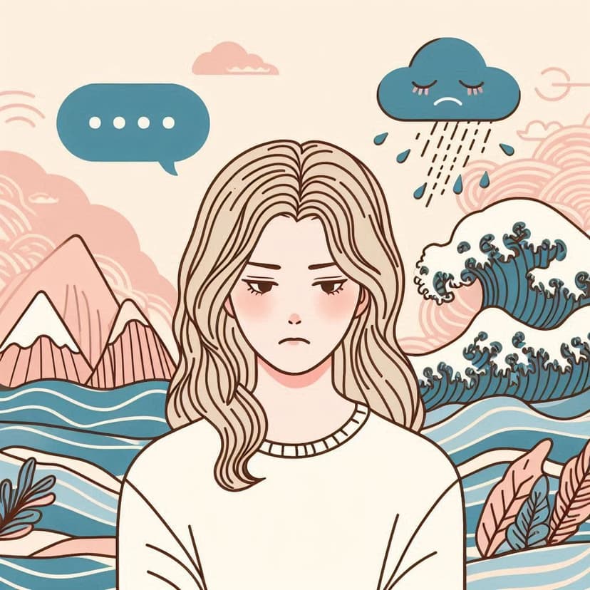 une femme malheureuse est pensive. Derrière elle, des montagnes à sa gauche, et des vagues gigantesque à sa droite.