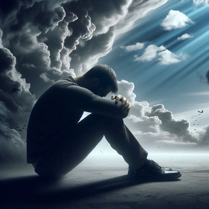 Personne isolée, assise au sol la tête dans les genoux. Derrière lui se trouve une tempète, les nuages sont sombres. Mais en face de lui, la lumière et le ciel bleu l'éclairent.