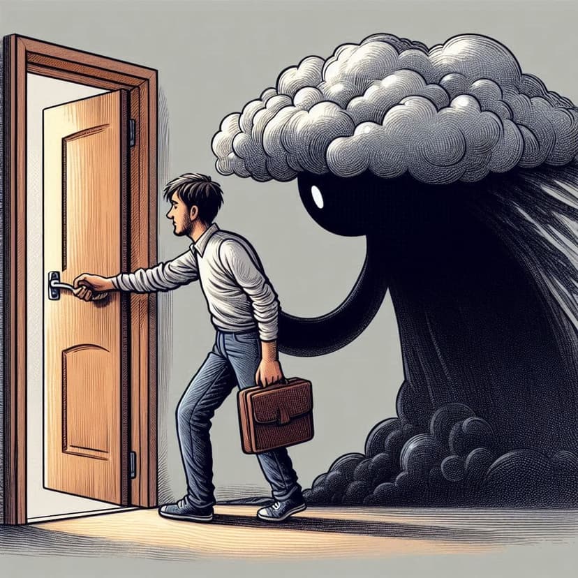 Homme ouvrant une porte. Derrière lui, une ombre noire s'accroche à lui.