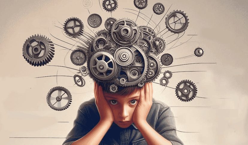 Image représentant le trouble déficit de l'attention avec ou sans hyperactivité (TDAH) est défini par des symptômes d'inattention associés ou non à des symptômes d'hyperactivité motrice et d'impulsivité. Il s'agit donc d'un enfant, avec des rouages dans la tête.